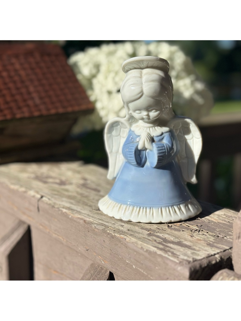 Inarco Glazed Porcelain Praying Angel Figurine in Blue and White
